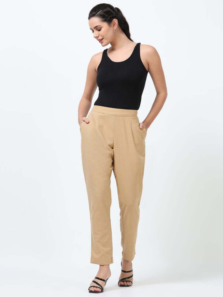 Marcia Beige Solid Cotton Regular Trousers - Image 8