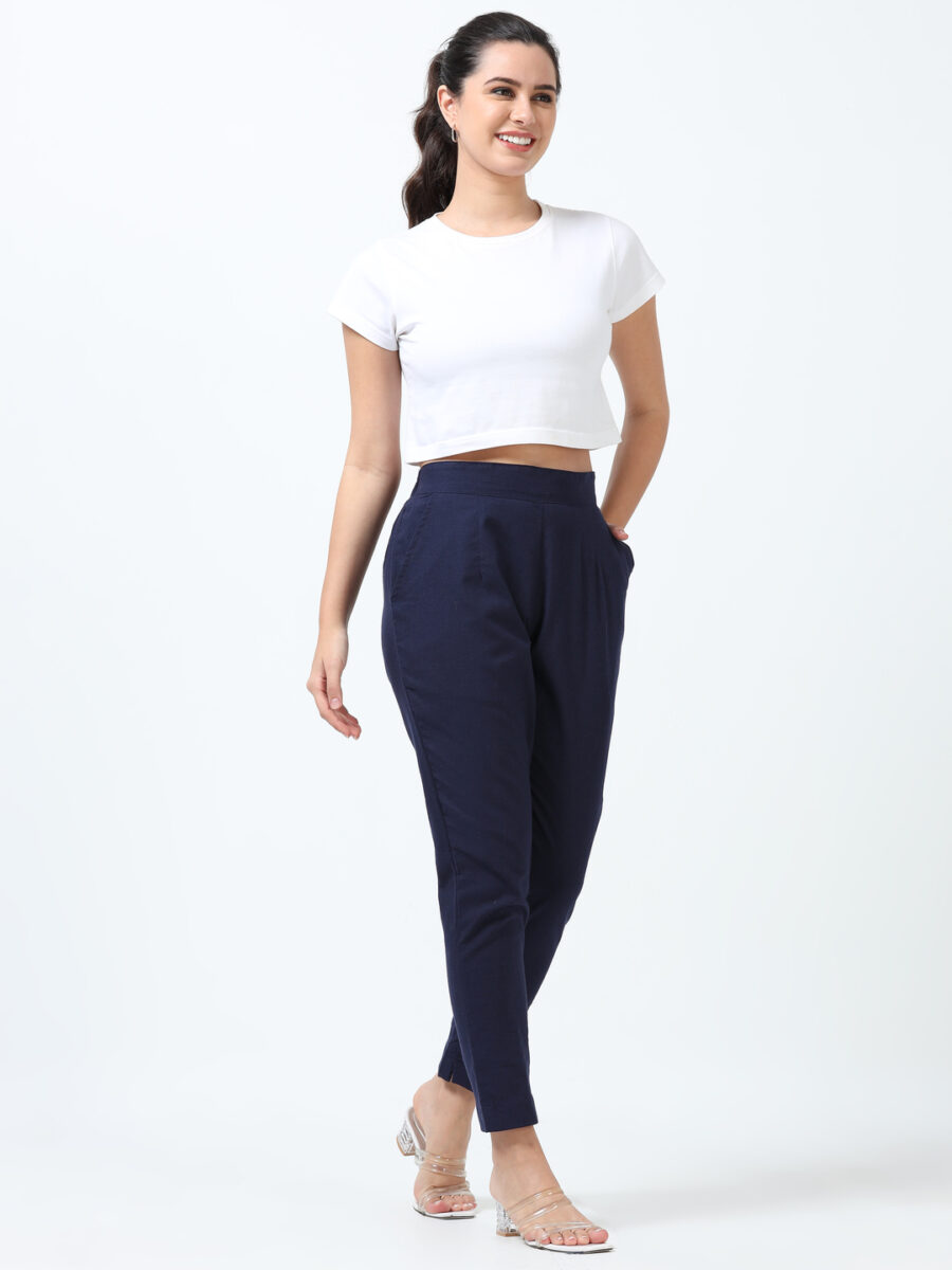 Marcia Navy Solid Cotton Regular Trousers - Image 8