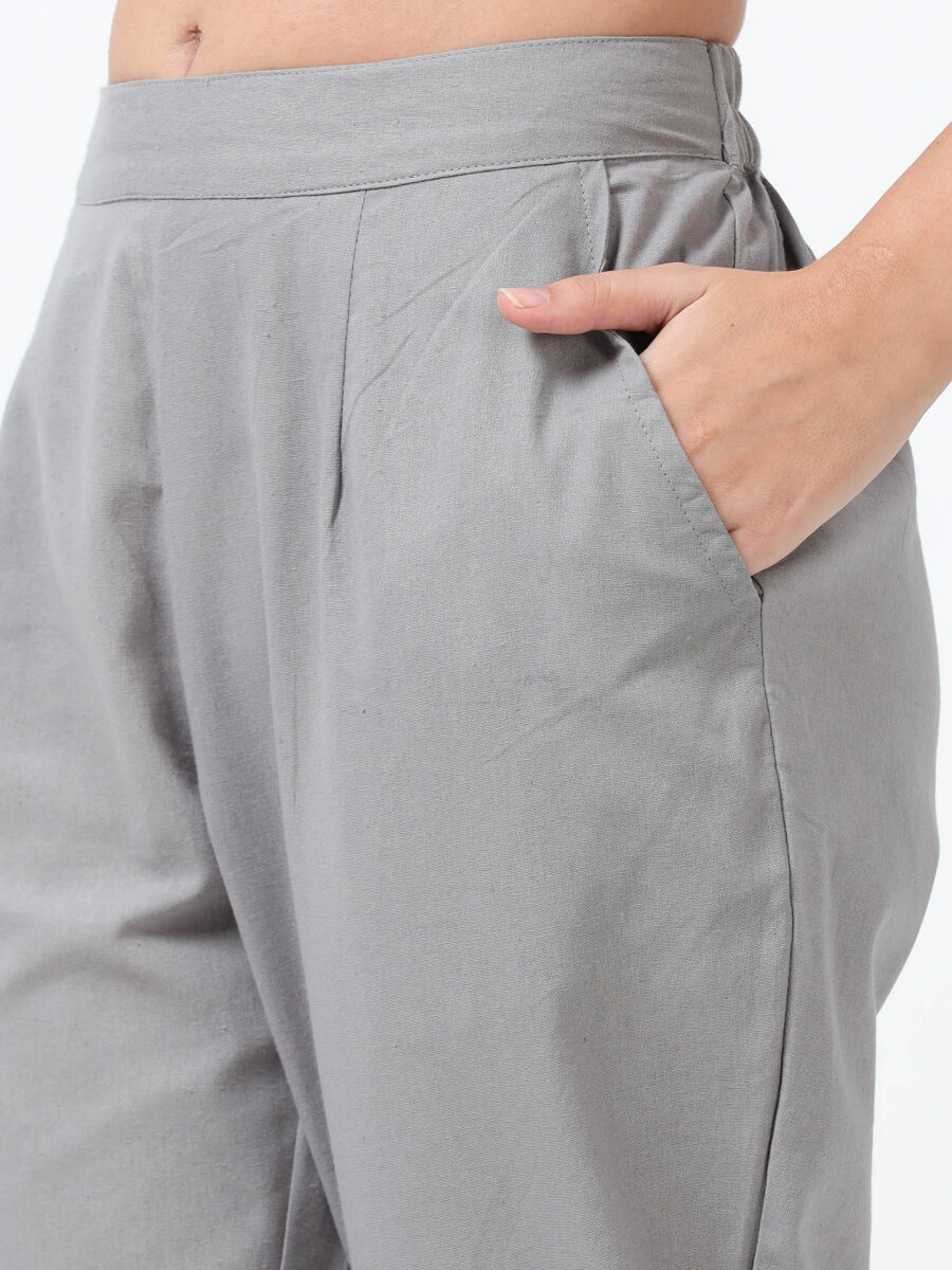 Marcia Grey Solid Cotton Regular Trousers - Image 4