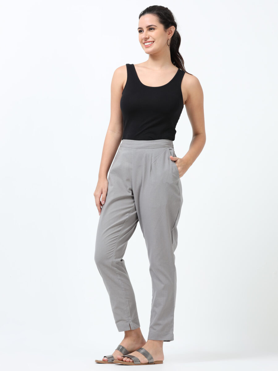 Marcia Grey Solid Cotton Regular Trousers - Image 7