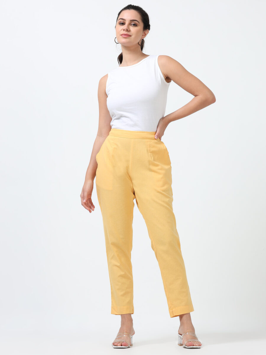 Marcia Yellow Solid Cotton Regular Trousers - Image 7