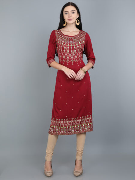 Marcia Maroon Printed Rayon Long Kurta
