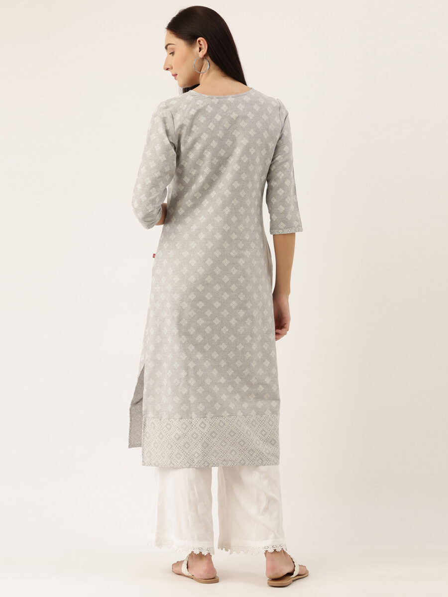 Marcia Grey Printed Cotton Straight Long Kurta - Image 4