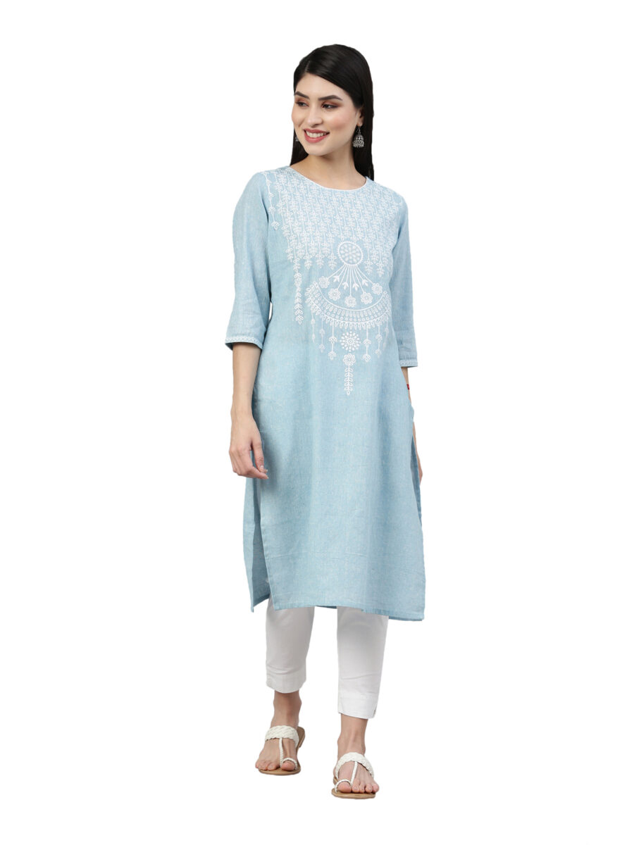 Marcia Blue Printed Cotton Straight Long Kurta