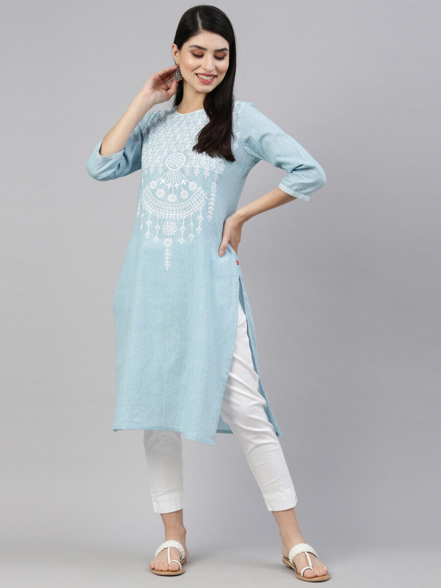 Marcia Blue Printed Cotton Straight Long Kurta - Image 7
