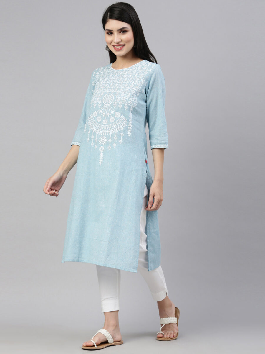 Marcia Blue Printed Cotton Straight Long Kurta - Image 5
