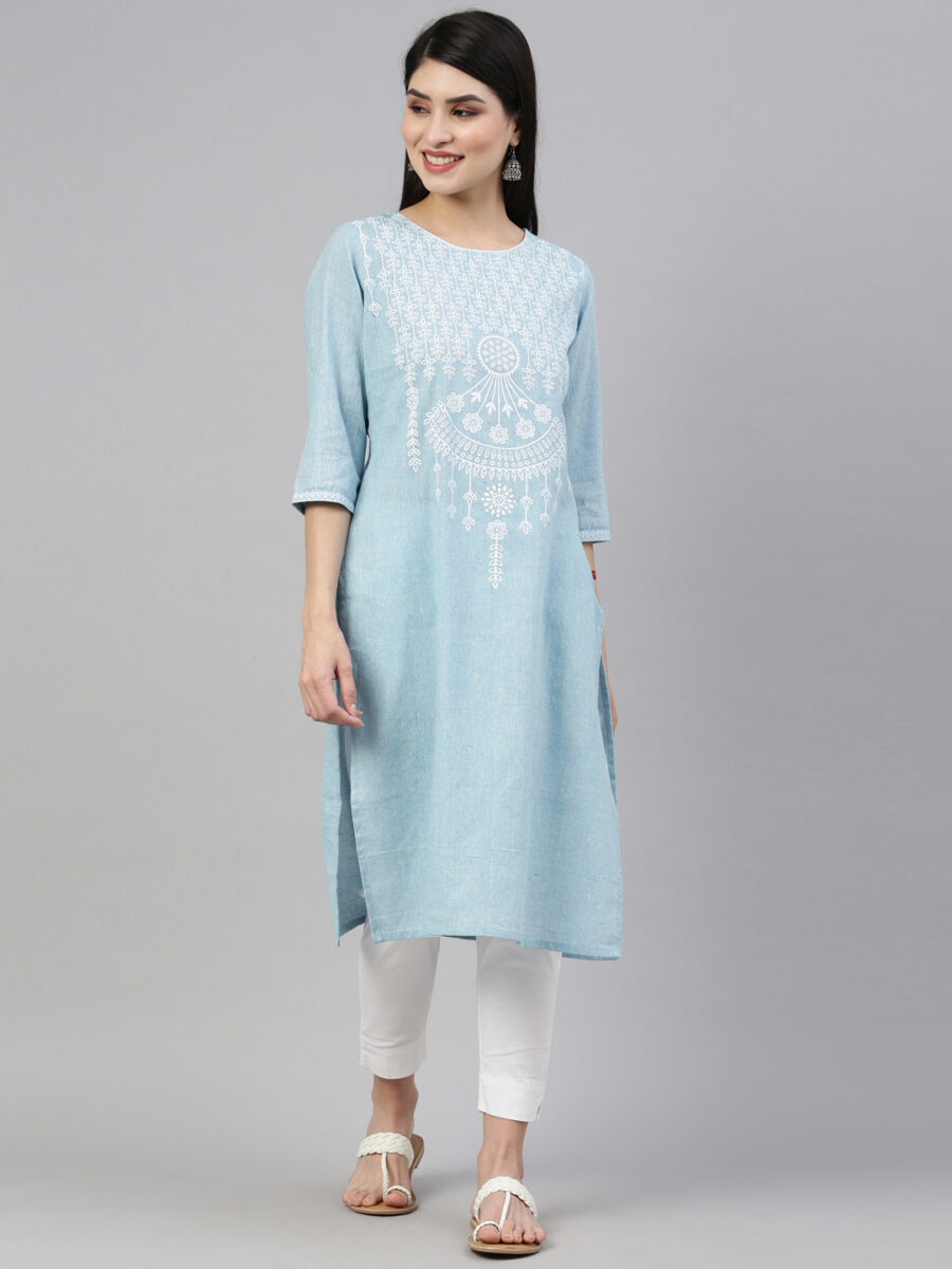 Marcia Blue Printed Cotton Straight Long Kurta - Image 3