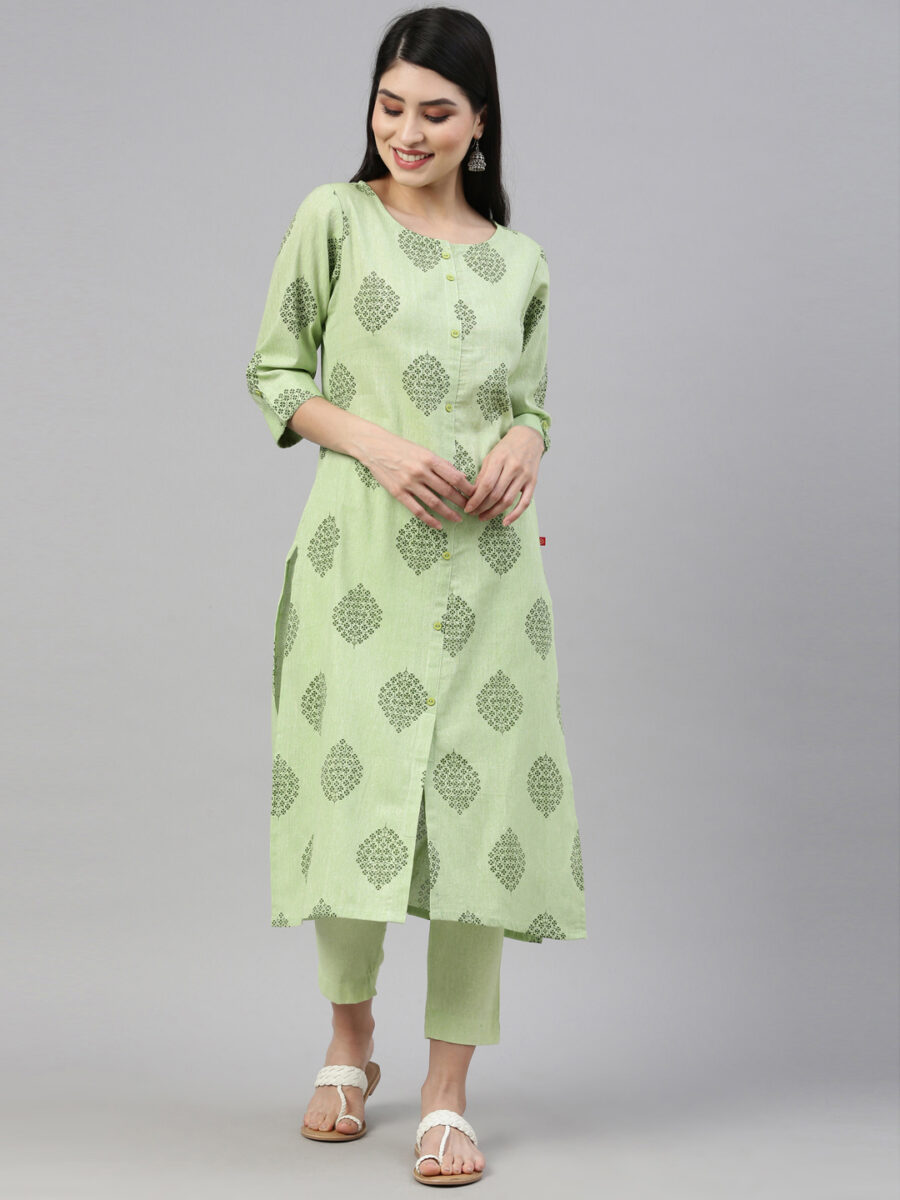 Marcia Green Printed Cotton Straight Kurta Set