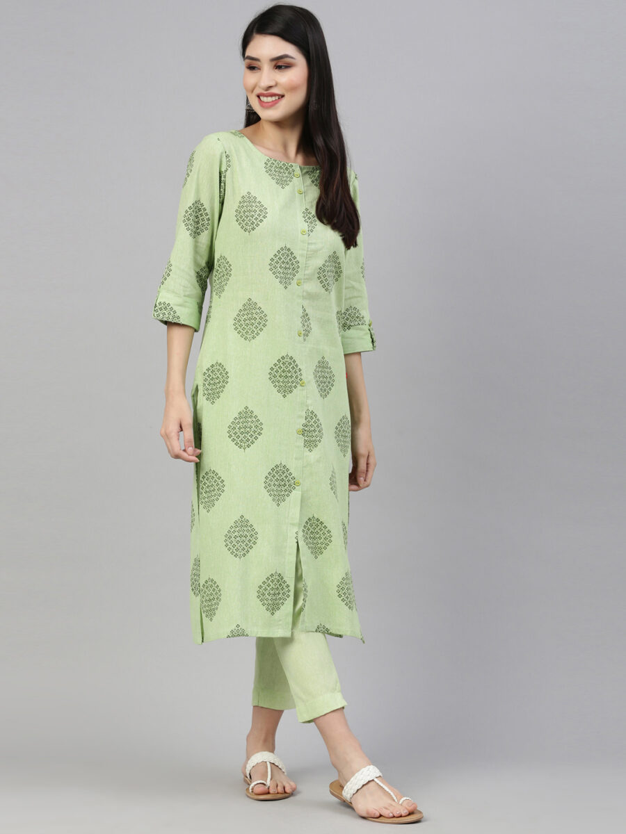 Marcia Green Printed Cotton Straight Kurta Set - Image 5
