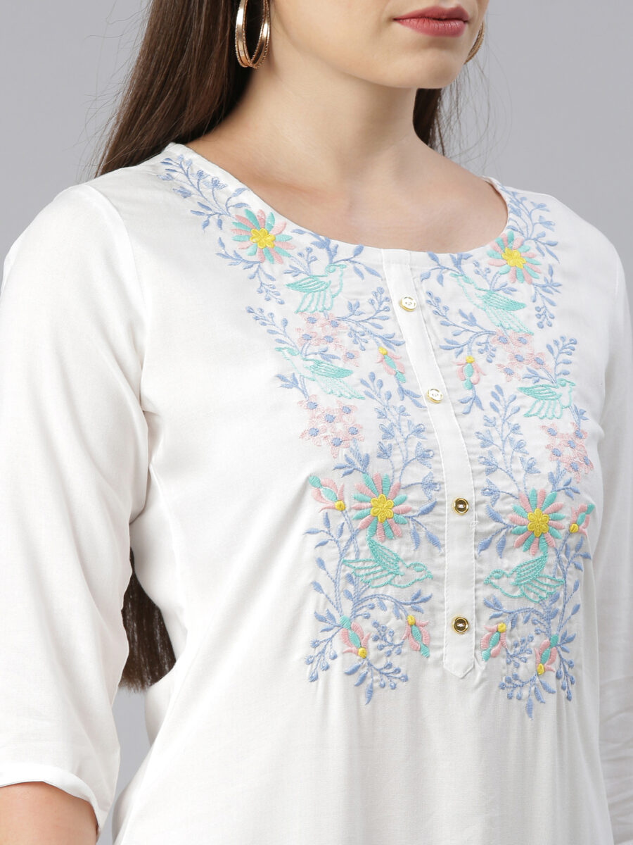 Marcia White Embroidred Rayon Straight Kurta - Image 2