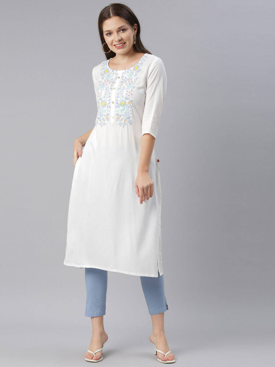 Marcia White Embroidred Rayon Straight Kurta