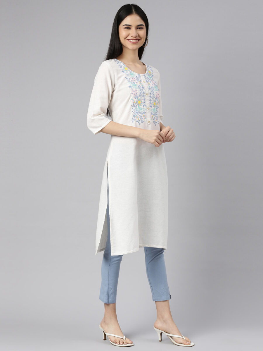 Marcia White Printed Rayon Straight Long Kurta - Image 4