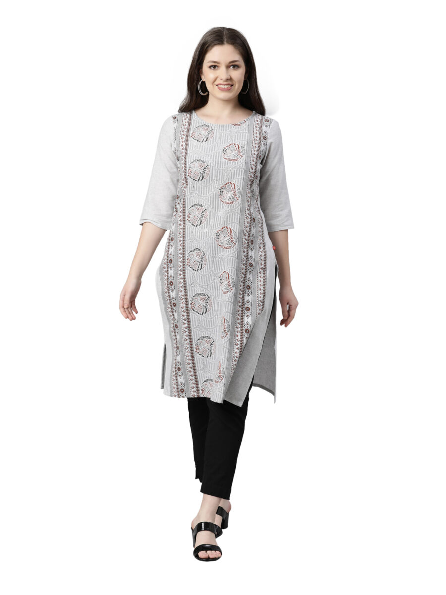 Marcia Grey Printed Cotton Straight Long Kurta - Image 7