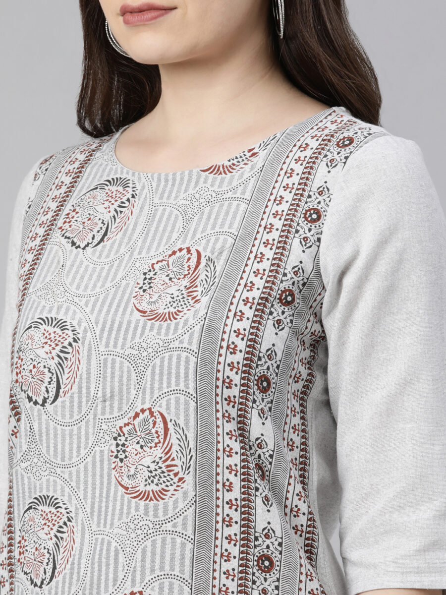 Marcia Grey Printed Cotton Straight Long Kurta - Image 2