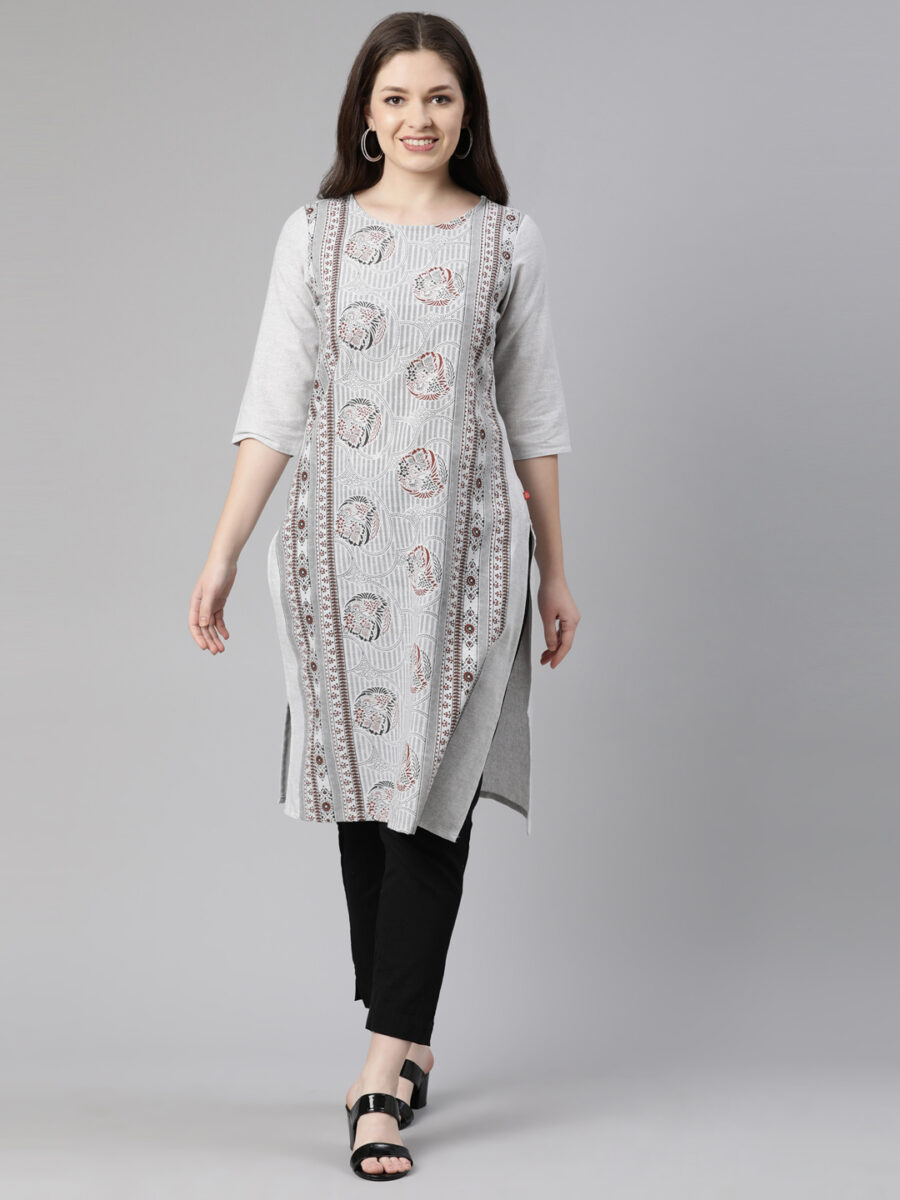 Marcia Grey Printed Cotton Straight Long Kurta