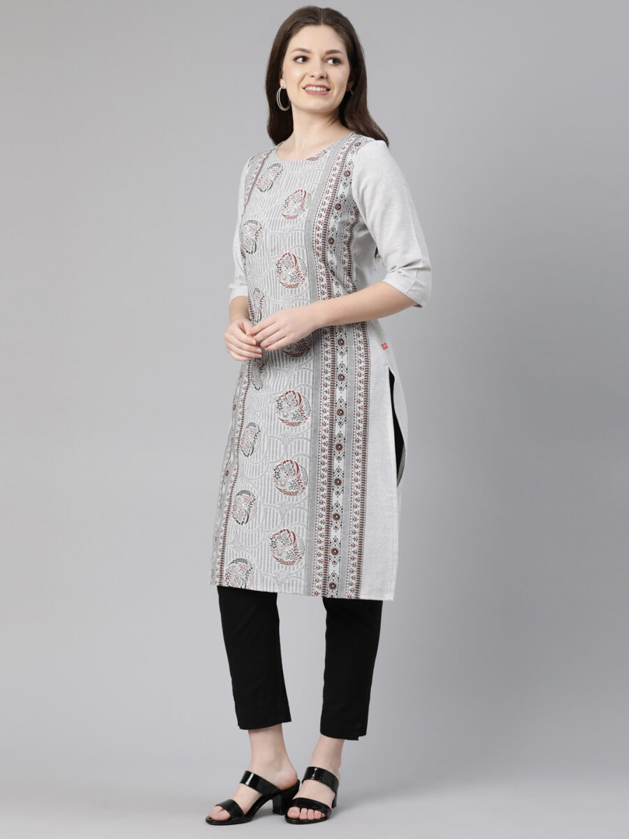 Marcia Grey Printed Cotton Straight Long Kurta - Image 3