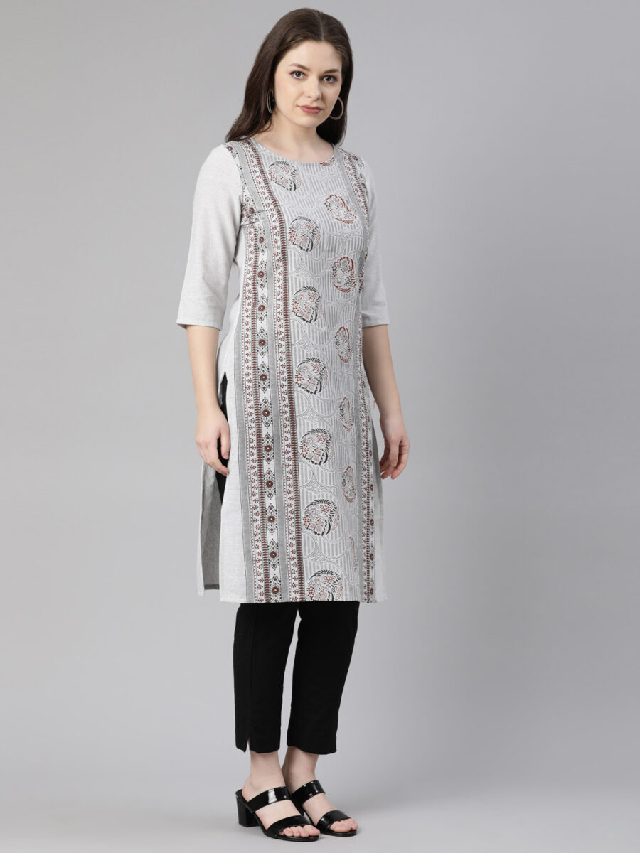 Marcia Grey Printed Cotton Straight Long Kurta - Image 4