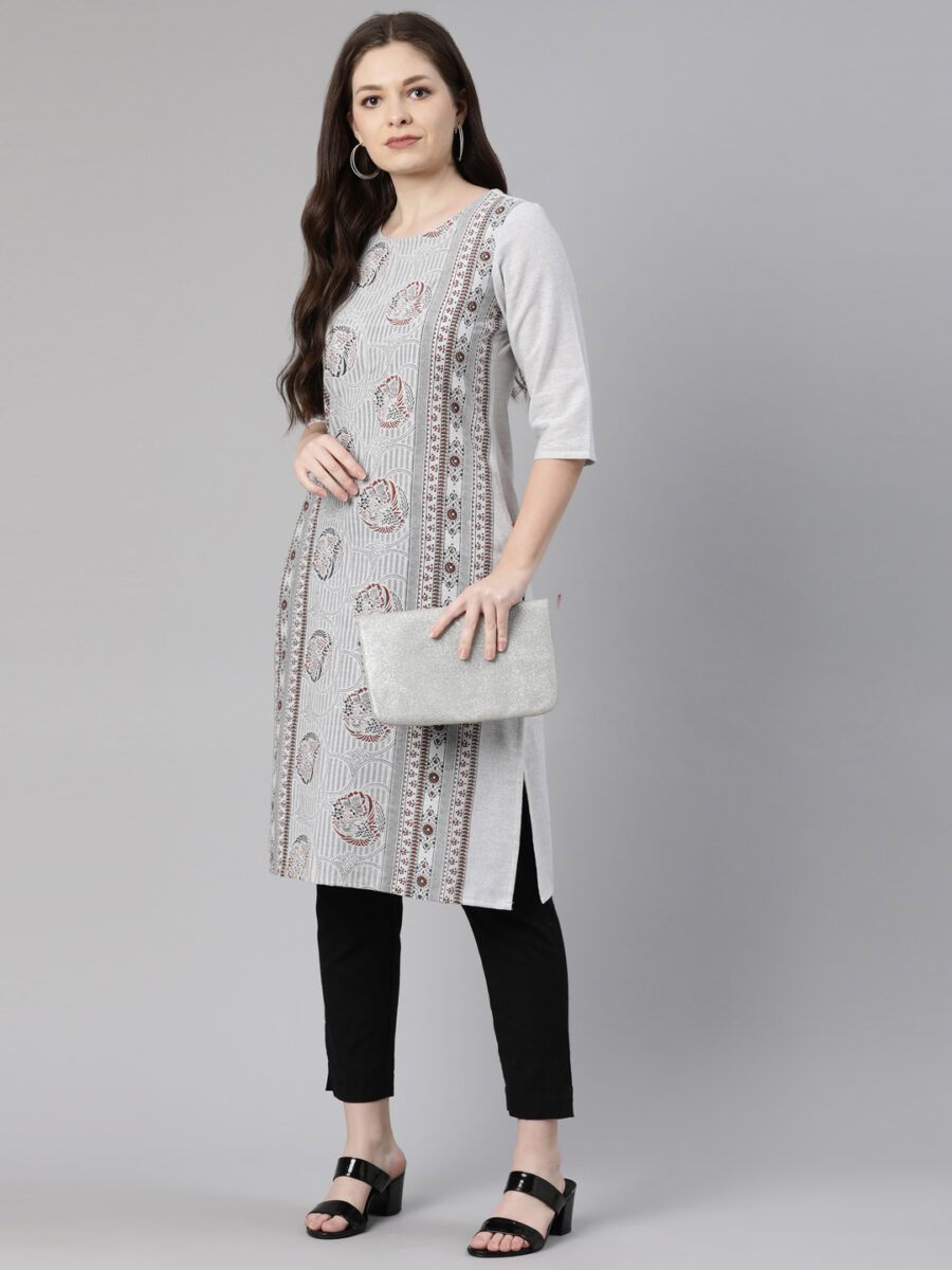 Marcia Grey Printed Cotton Straight Long Kurta - Image 6