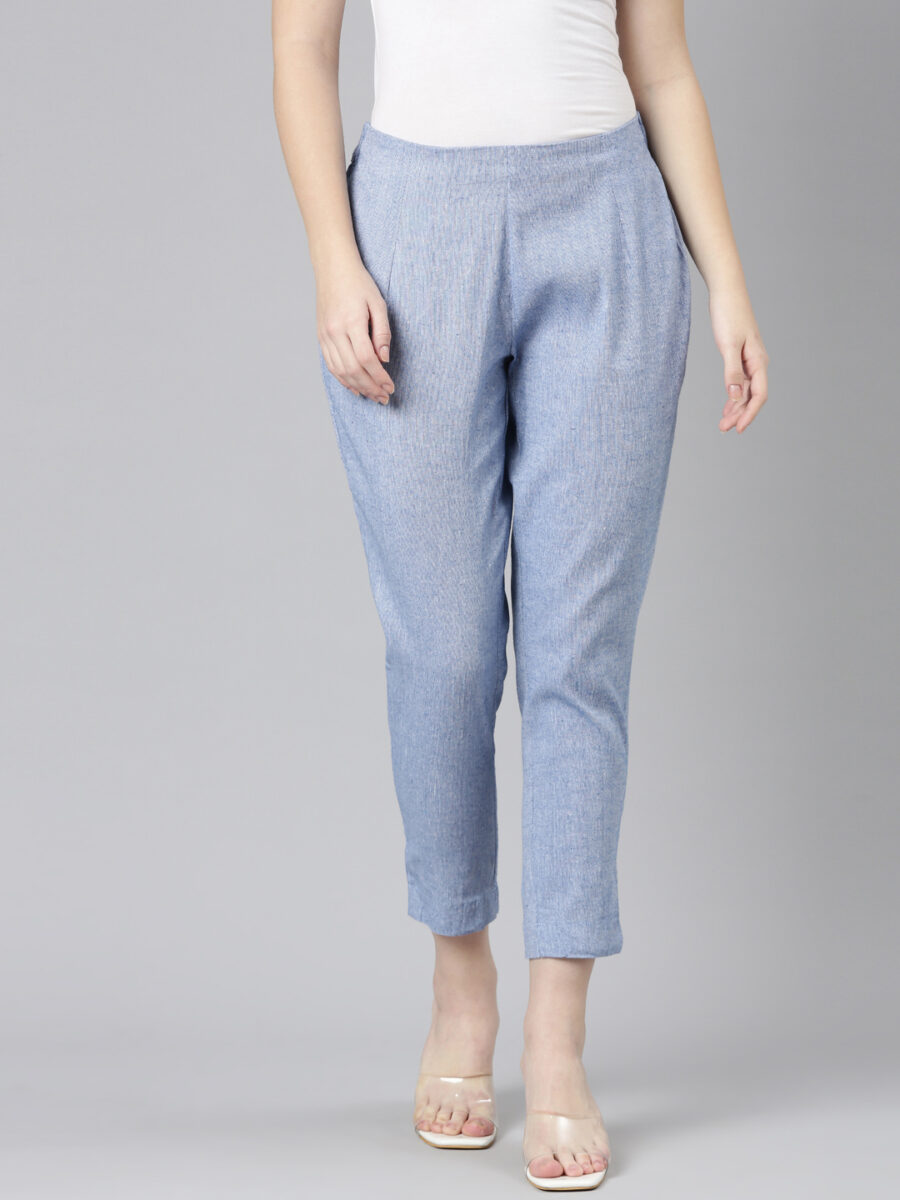 Marcia Blue Solid Cotton Straight Trousers