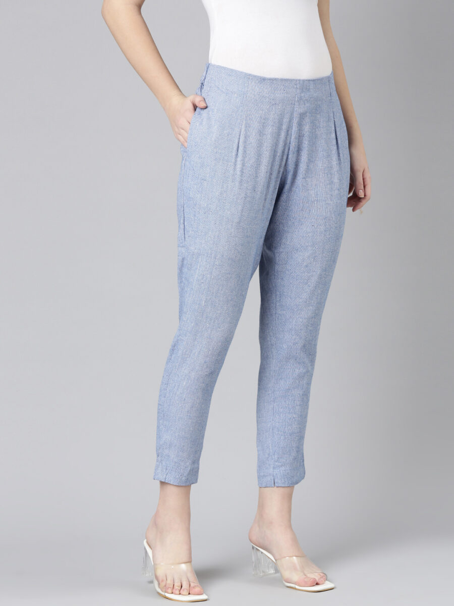 Marcia Blue Solid Cotton Straight Trousers - Image 3