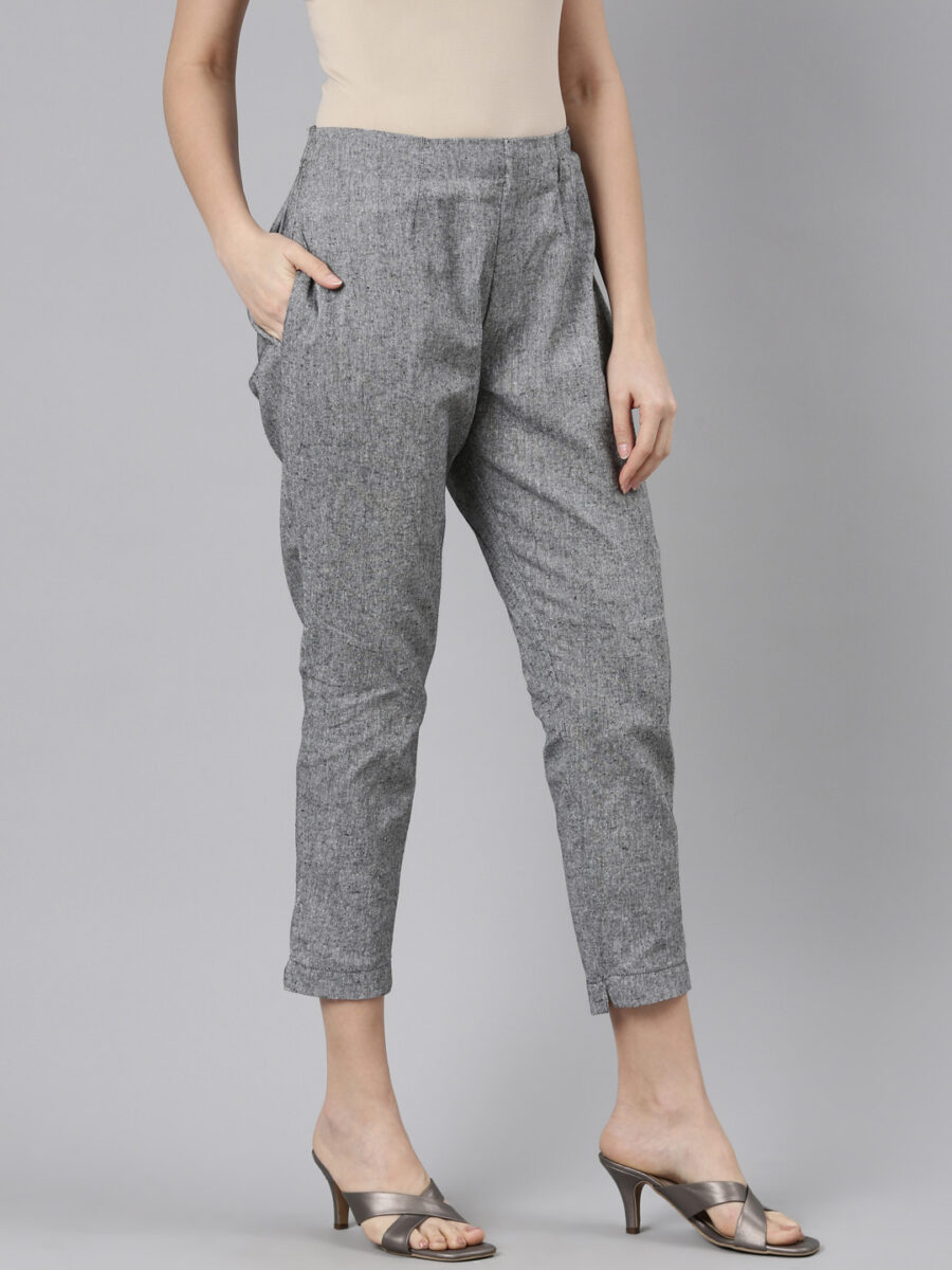 Marcia Grey Solid Cotton Regular Trousers - Image 4