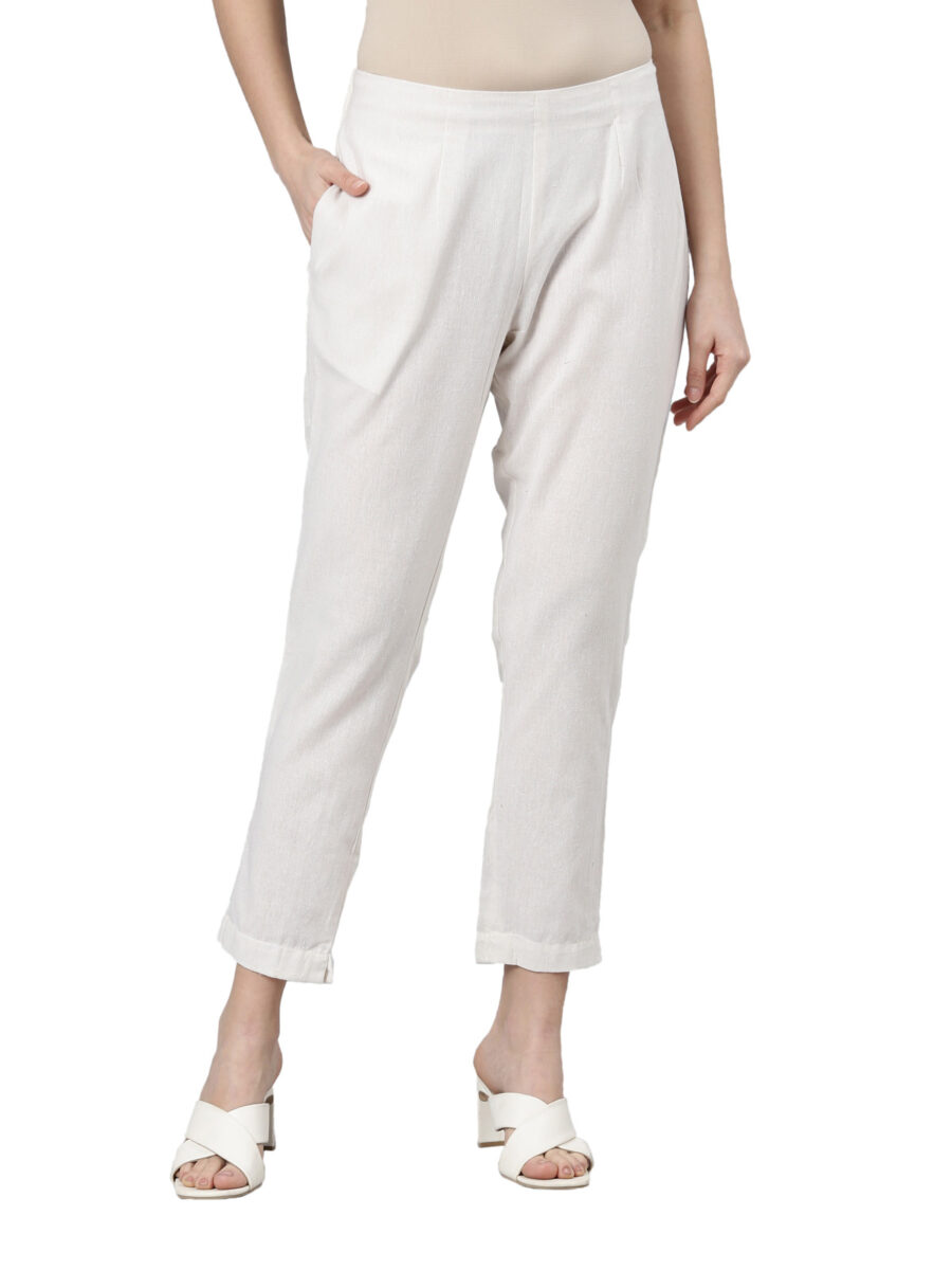 Marcia White Solid Cotton Regular Trousers - Image 5
