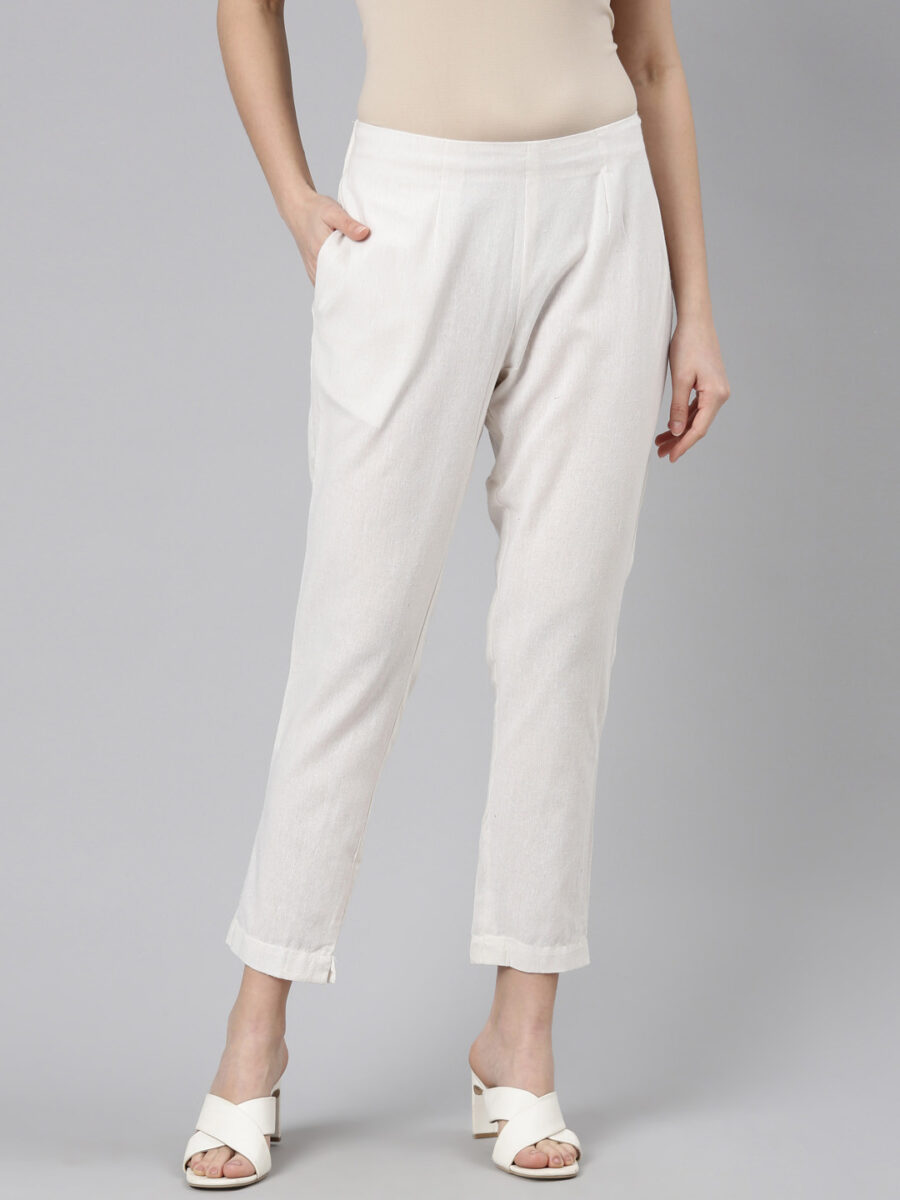 Marcia White Solid Cotton Regular Trousers
