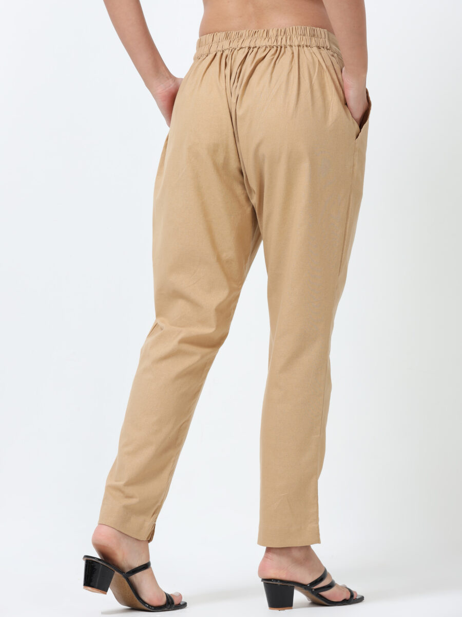 Marcia Beige Solid Cotton Regular Trousers - Image 3
