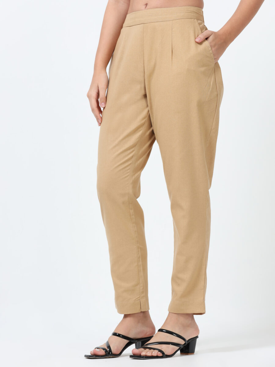 Marcia Beige Solid Cotton Regular Trousers - Image 2