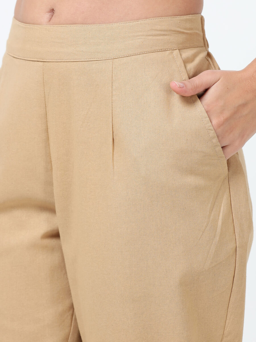 Marcia Beige Solid Cotton Regular Trousers - Image 5