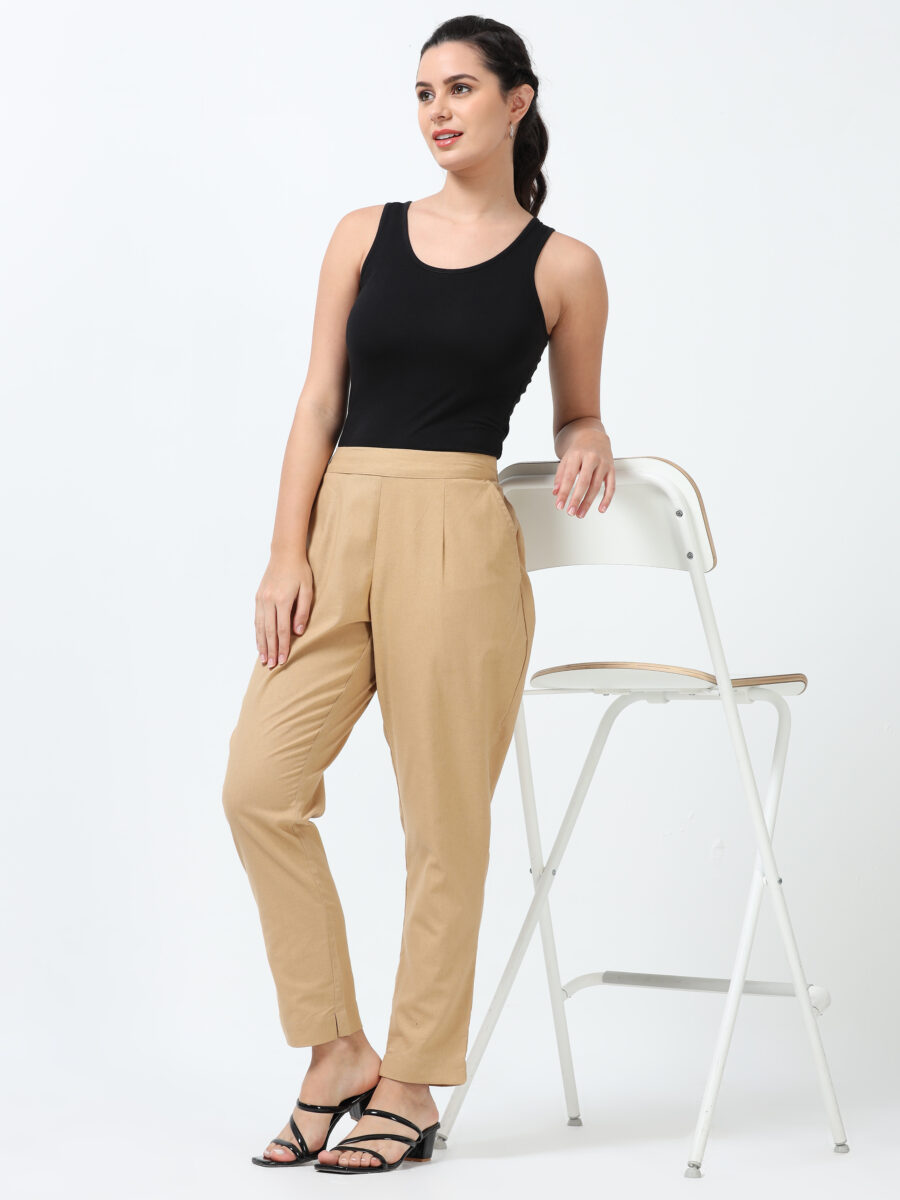 Marcia Beige Solid Cotton Regular Trousers - Image 7