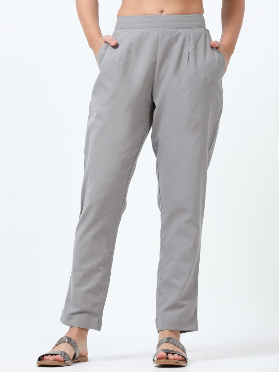 Marcia Grey Solid Cotton Regular Trousers