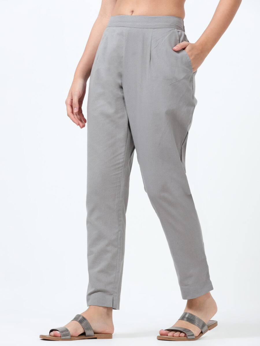 Marcia Grey Solid Cotton Regular Trousers - Image 2