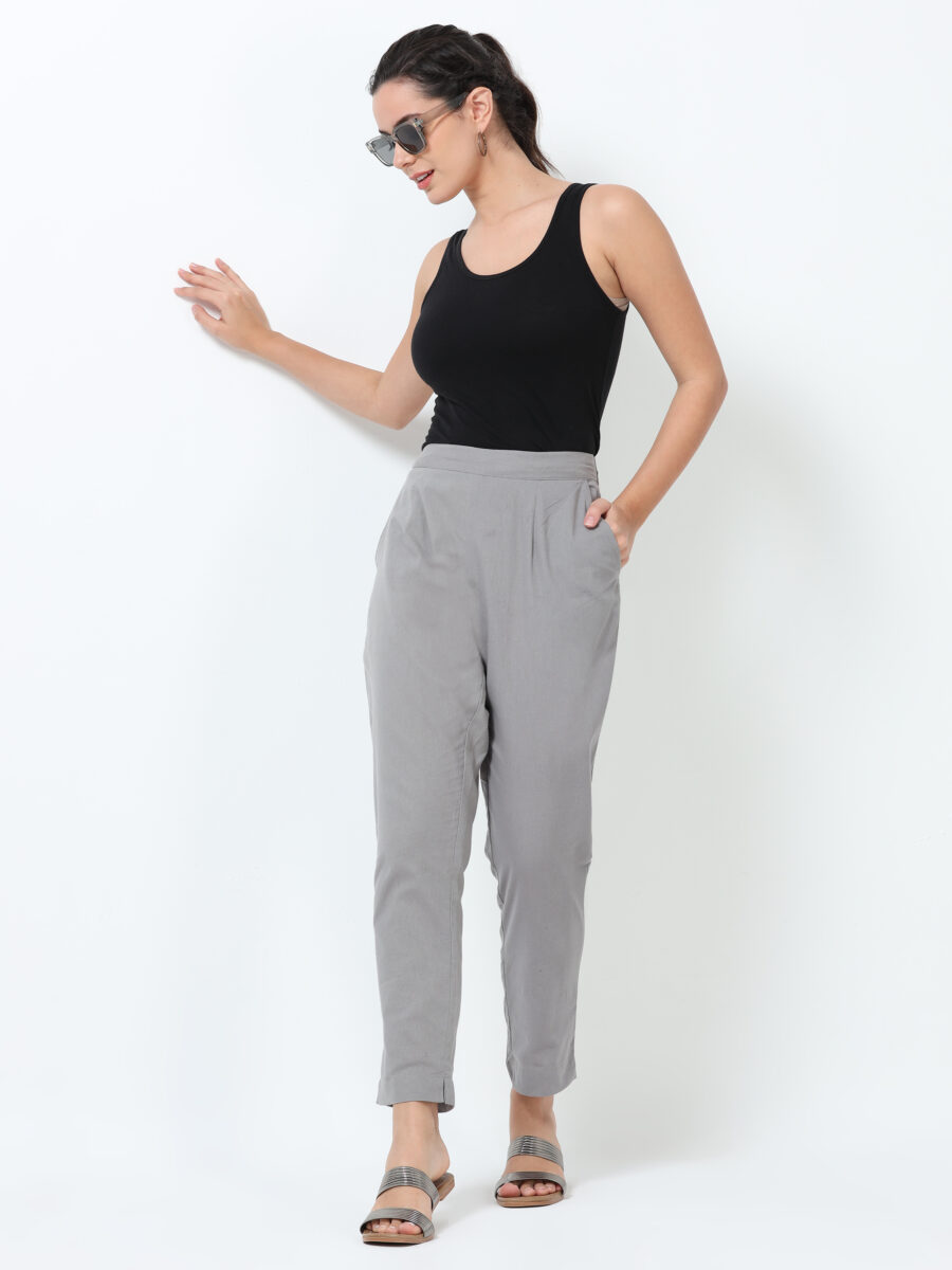 Marcia Grey Solid Cotton Regular Trousers - Image 8