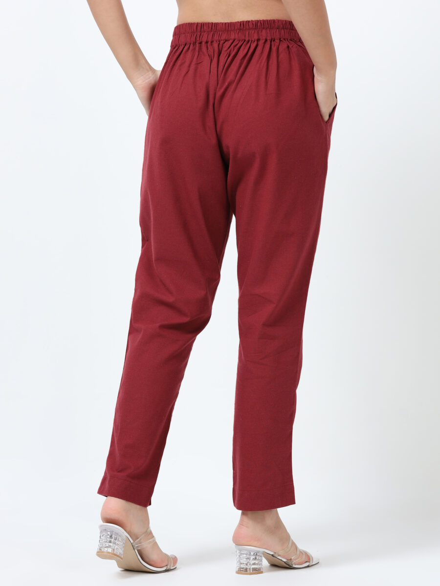 Marcia Maroon Solid Cotton Regular Trousers - Image 4