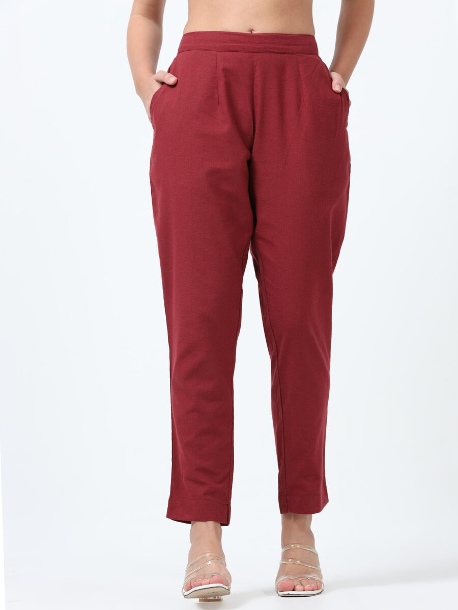 Marcia Maroon Solid Cotton Regular Trousers