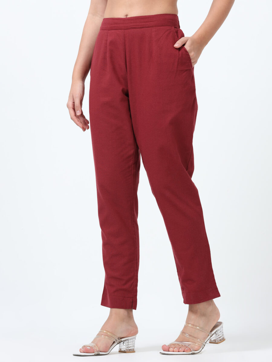 Marcia Maroon Solid Cotton Regular Trousers - Image 6