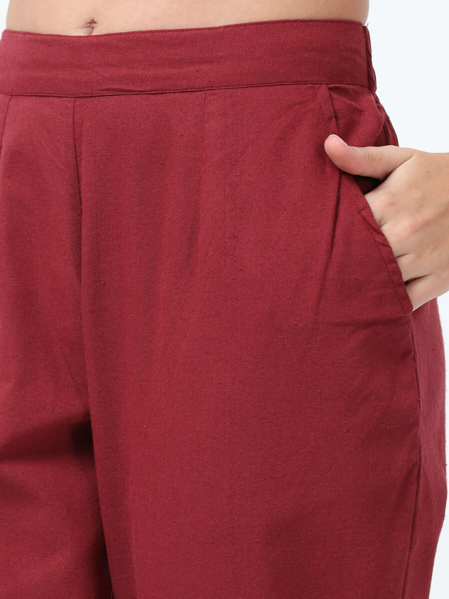 Marcia Maroon Solid Cotton Regular Trousers - Image 7