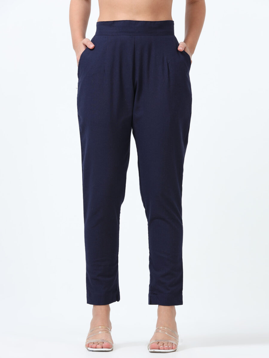 Marcia Navy Solid Cotton Regular Trousers
