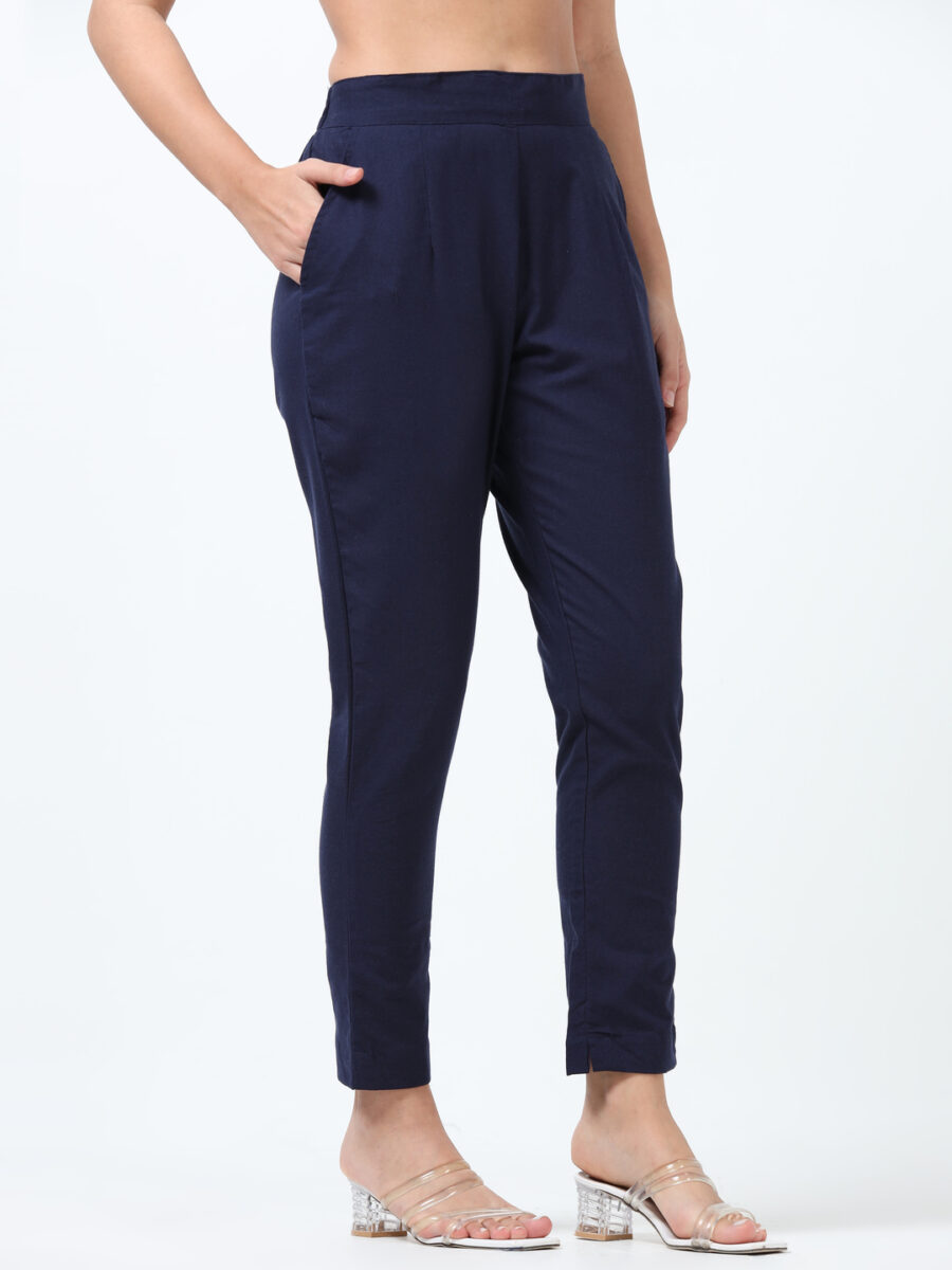 Marcia Navy Solid Cotton Regular Trousers - Image 3