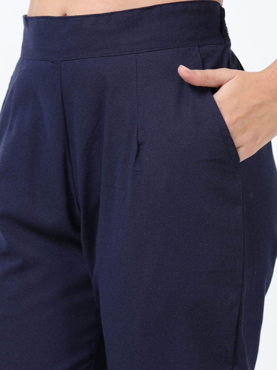 Marcia Navy Solid Cotton Regular Trousers - Image 4