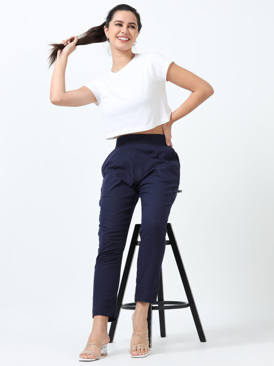 Marcia Navy Solid Cotton Regular Trousers - Image 7