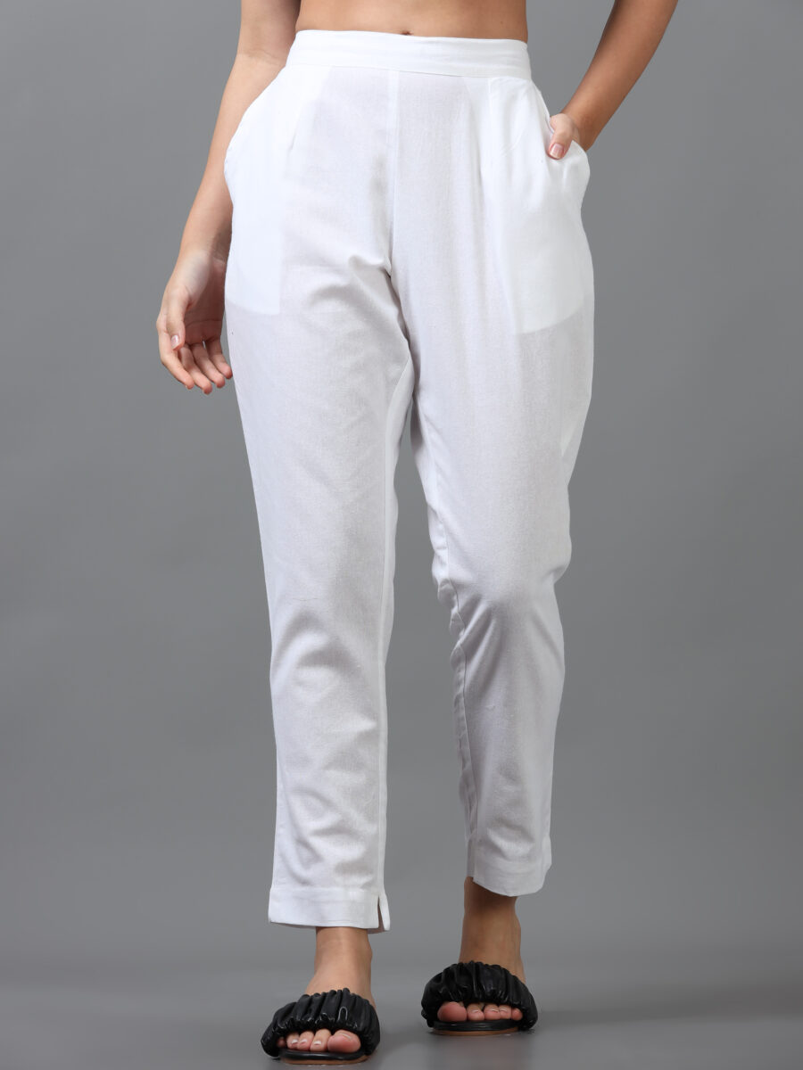 Marcia White Solid Cotton Regular Trousers