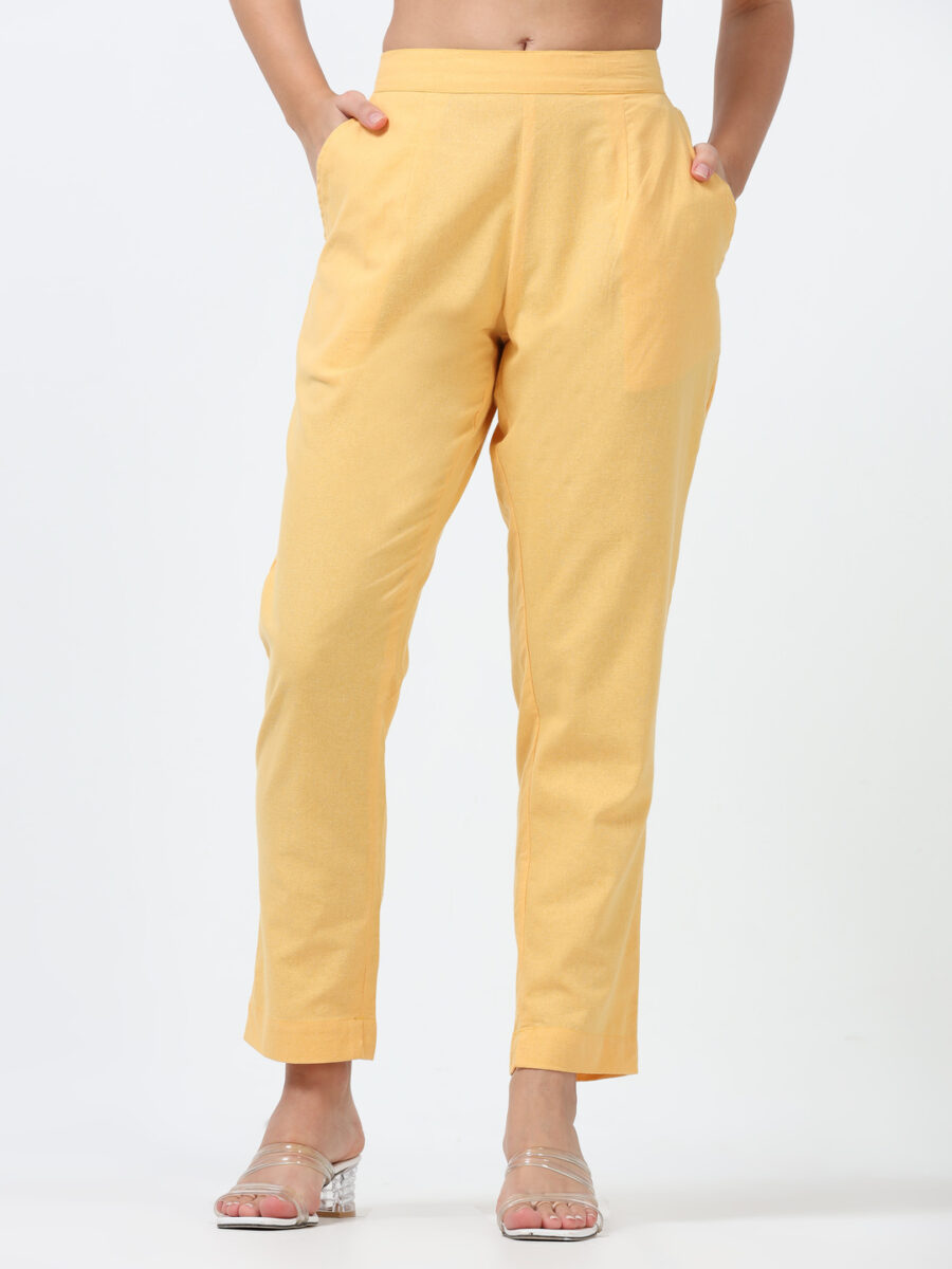 Marcia Yellow Solid Cotton Regular Trousers