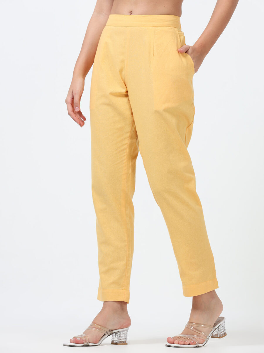 Marcia Yellow Solid Cotton Regular Trousers - Image 2