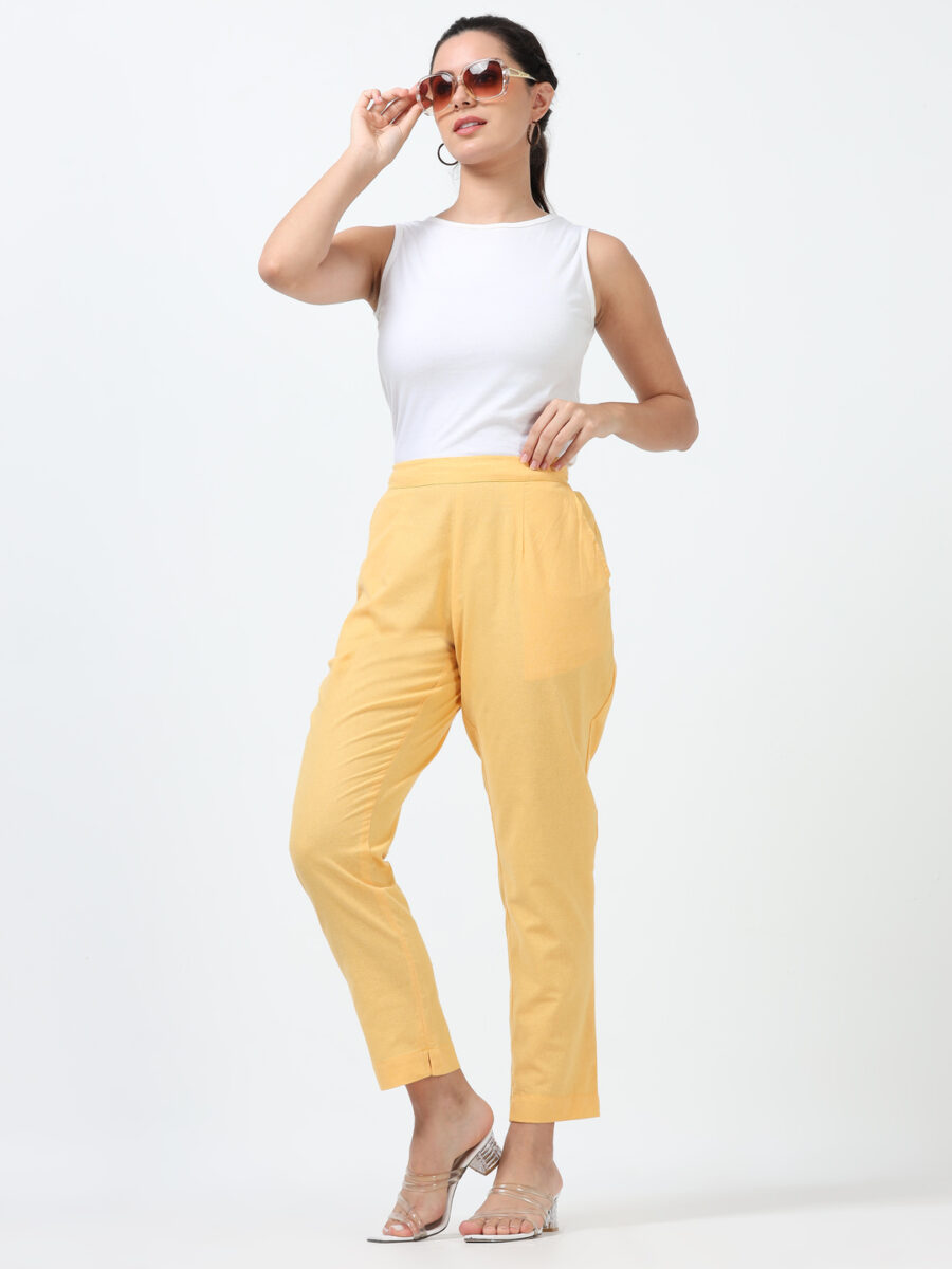 Marcia Yellow Solid Cotton Regular Trousers - Image 8