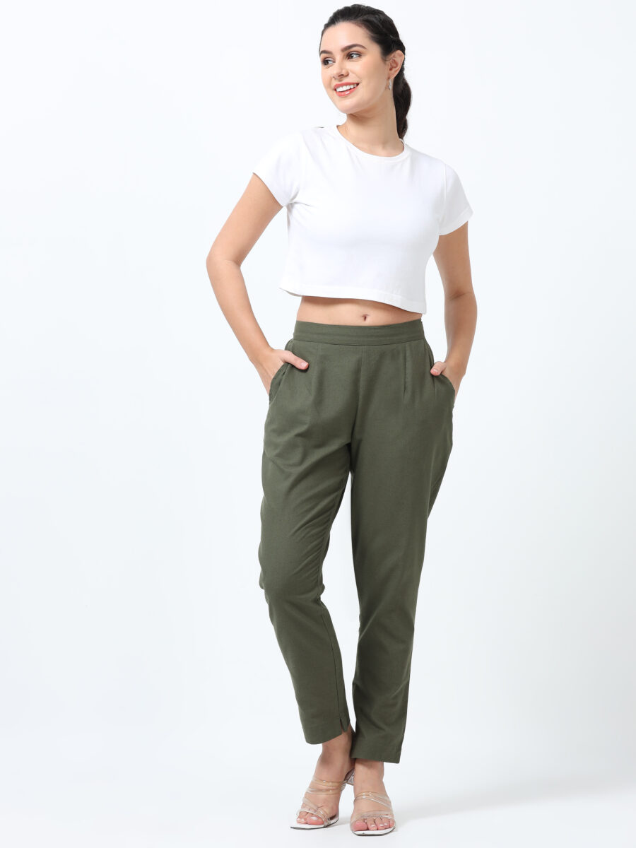 Marcia Olive Solid Cotton Regular Trousers - Image 3