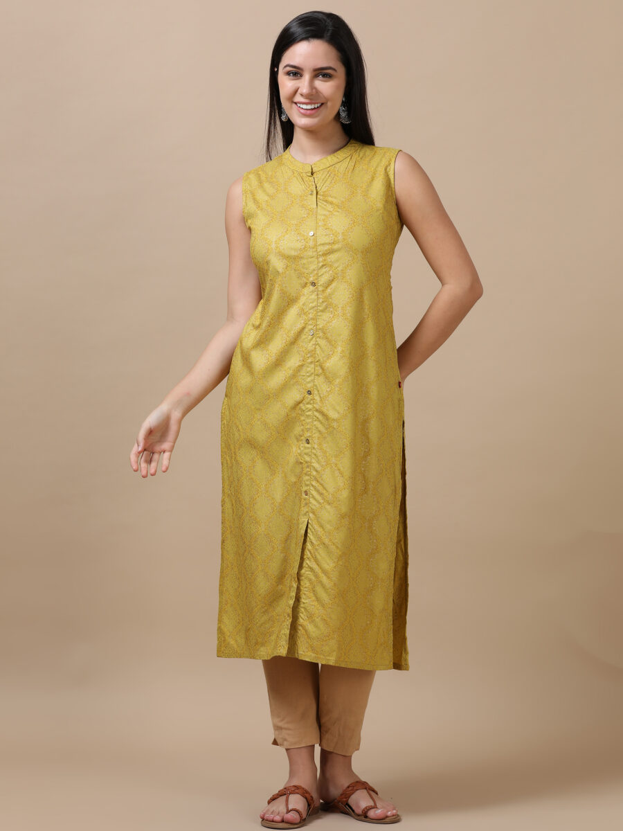 Marcia Gold Printed Rayon Straight Long Kurta - Image 4