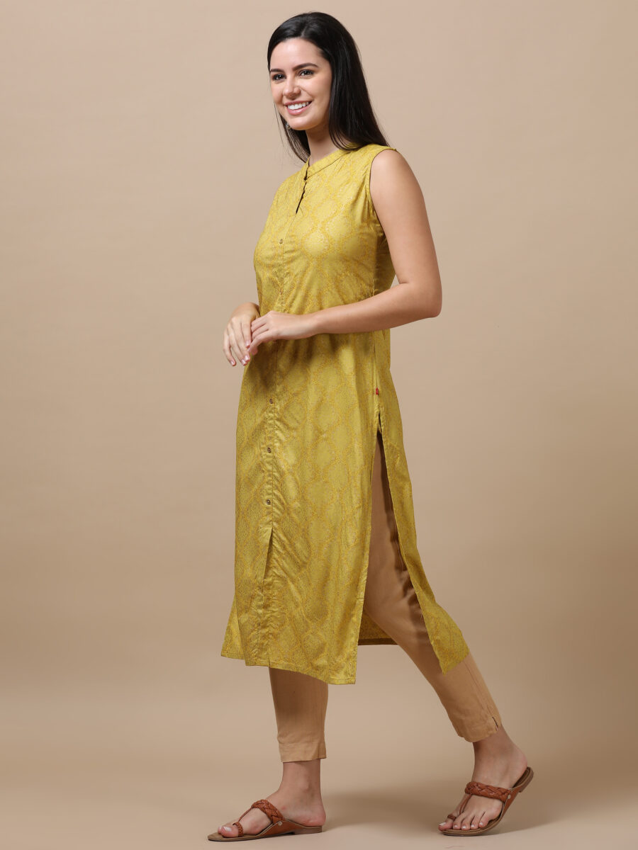 Marcia Gold Printed Rayon Straight Long Kurta - Image 5