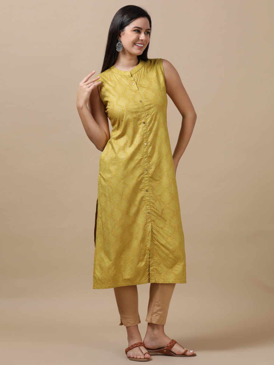 Marcia Gold Printed Rayon Straight Long Kurta - Image 6